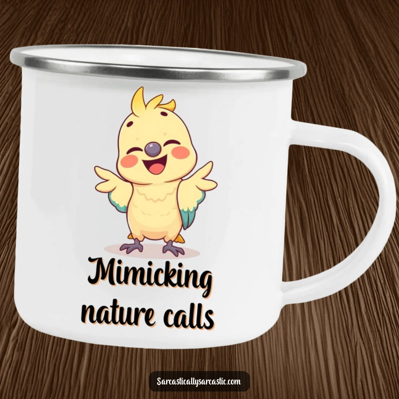 Funny parrot camping mug showing a happy bird making a comical, mimicked gesture, perfect for outdoor adventures and humorous refreshment.