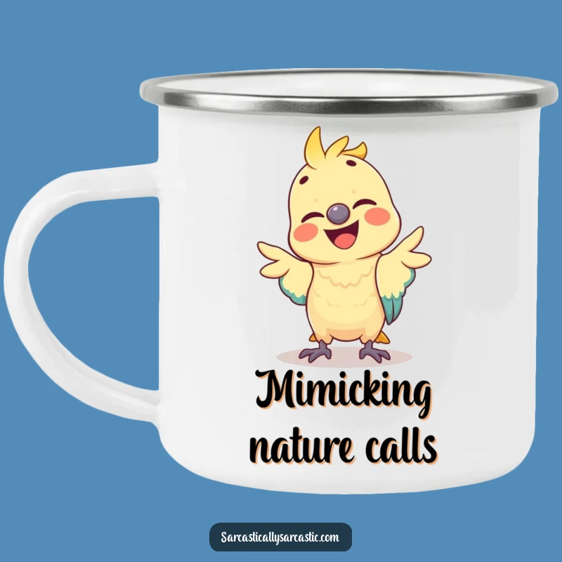 Funny Parrot Mimicking Gesture Camping Mug: Adventure with a Smile!