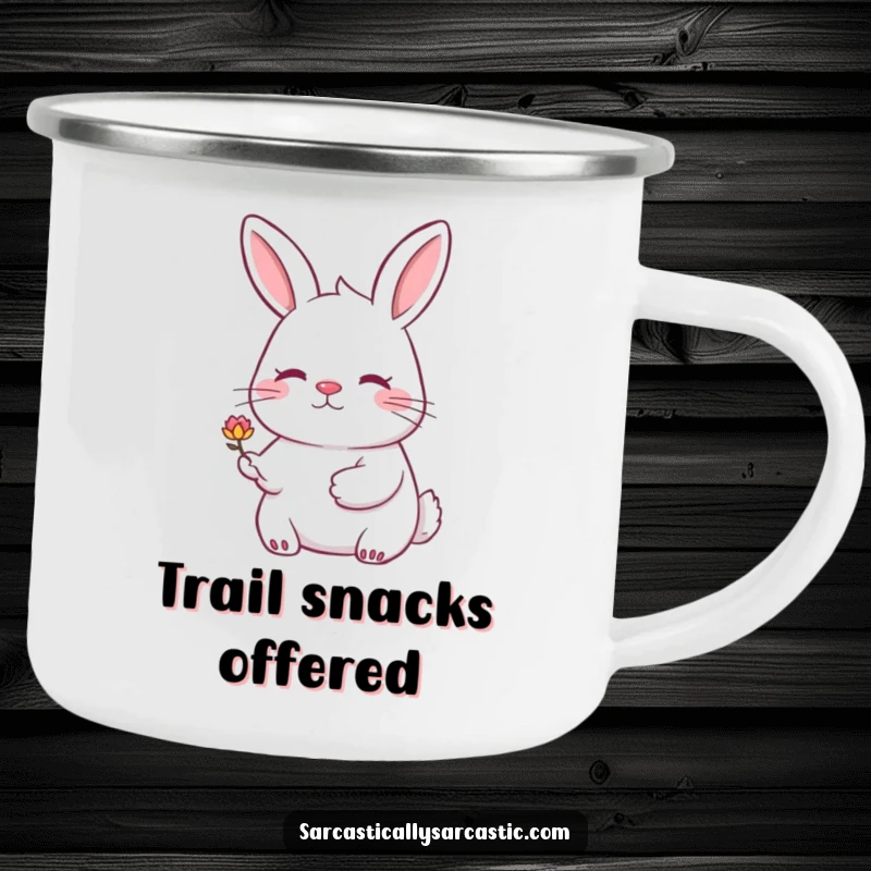 Funny rabbit camping mug with a rabbit smiling knowingly and offering a drooping flower. Great for outdoor use.