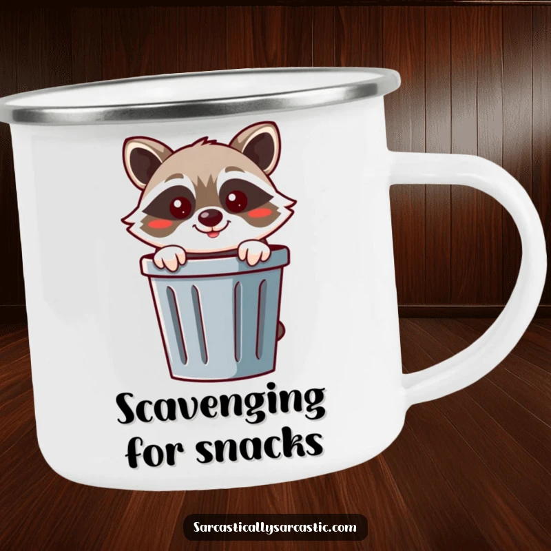 Funny raccoon camping mug showcasing a cheerful raccoon peeking from behind a trash can with a mischievous smirk.