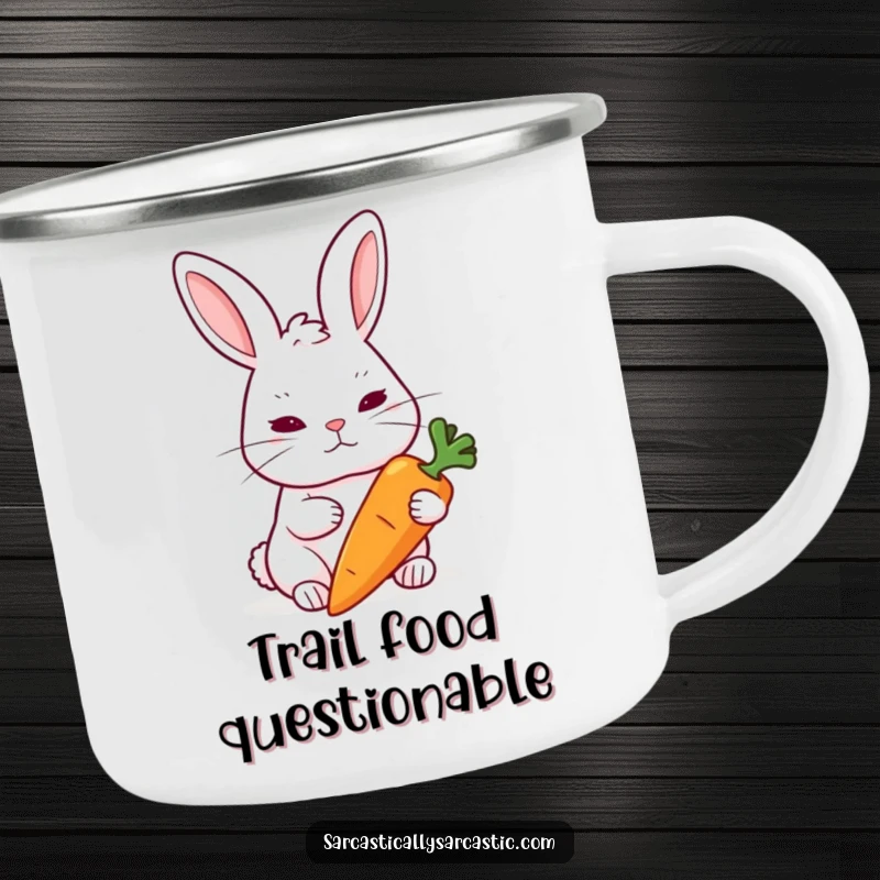 Funny Rabbit Camping Mug: A rabbit raises an eyebrow skeptically at a carrot, ready for outdoor doubt.