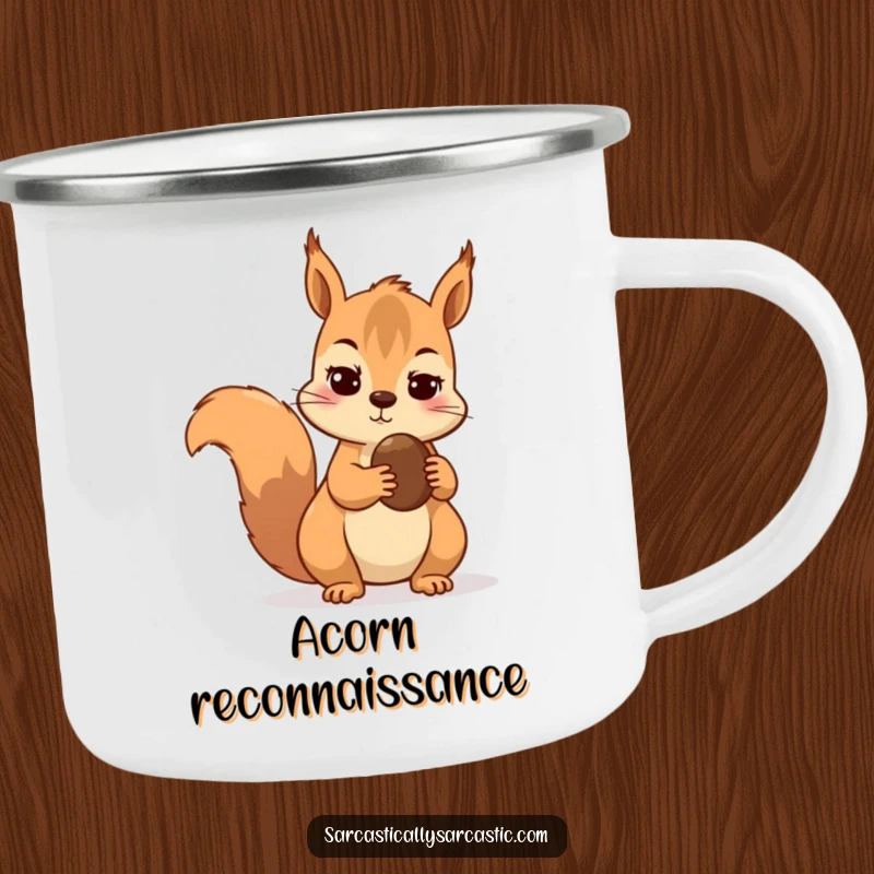 Funny camping mug showing a skeptical squirrel holding a nut, ready for outdoor adventures.