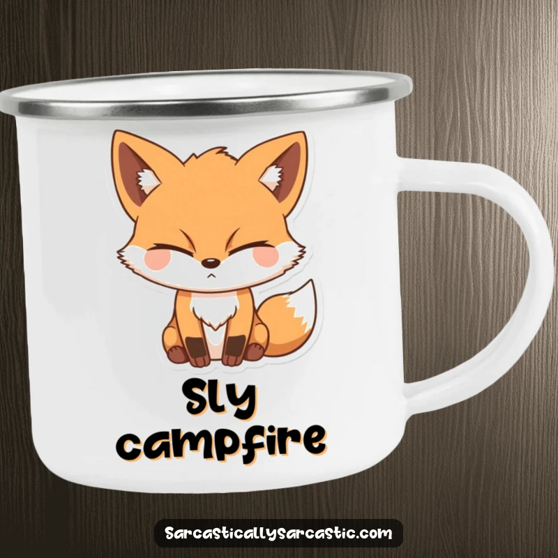 Funny camping mug featuring a sly fox character with a knowing wink, ready for outdoor enjoyment and cleverness.