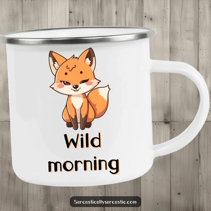 Funny camping mug showing a playful fox with a sly grin and its tail subtly wagging, embodying a clever plan.