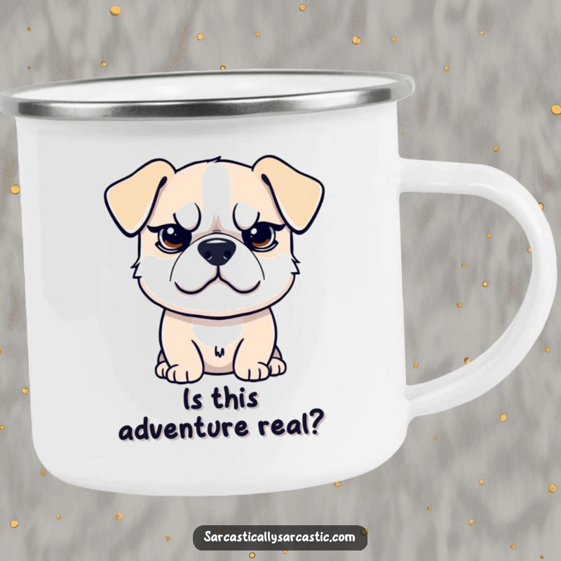 Funny camping mug with a sarcastic dog giving a raised eyebrow and smirk, perfect for cynical campers, a funny gift.