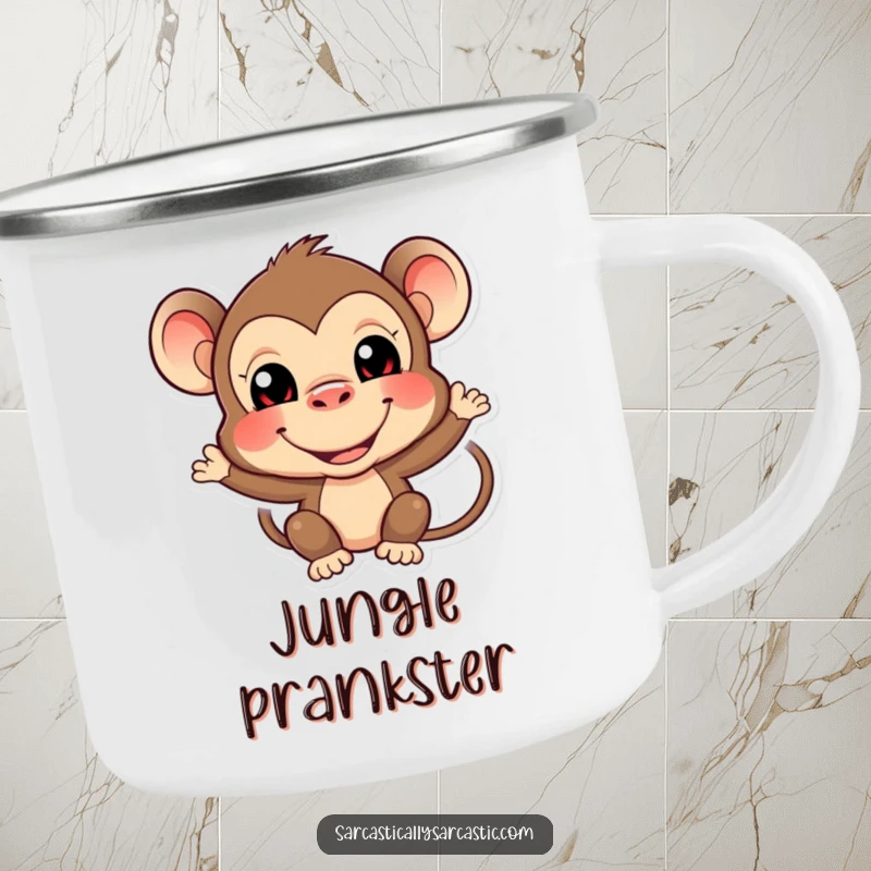 Funny monkey camping mug with a durable design and a playful primate making a comical, funny face.