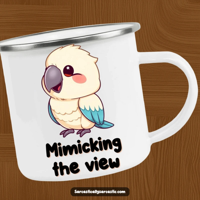 Funny camping mug showing a parrot mimicking a smirk with its beak slightly upturned, perfect for cheeky adventures.