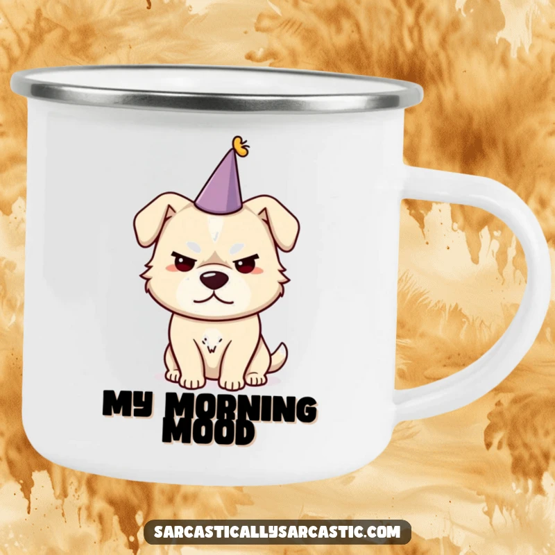 Funny camping mug with a sarcastic dog wearing a tiny party hat, ready for adventures with a smirk.