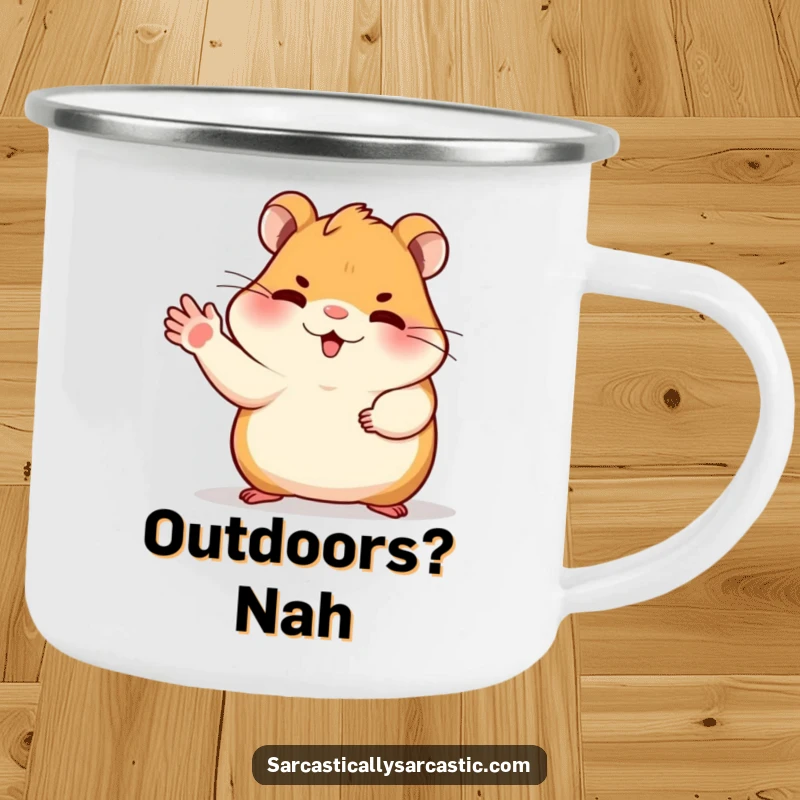 Funny dismissive hamster camping mug with a sassy hamster gesturing dismissively with its paw, perfect for outdoor breaks and setting limits.