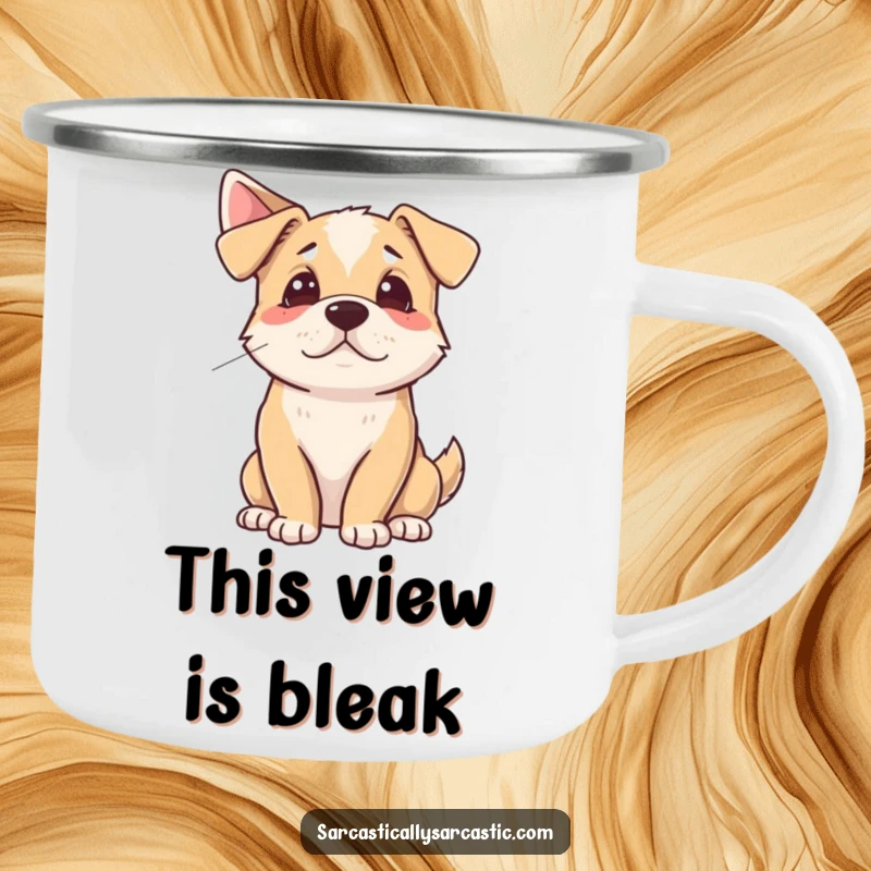 Funny Camping Mug featuring a dog dramatically sighing while looking away, designed for outdoor use and humorous drama.