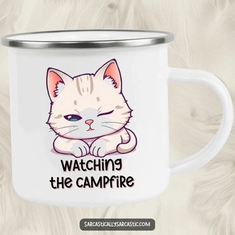 Funny Camping Mug featuring a cat pretending to sleep with one eye open, designed for outdoor use and humorous alertness.