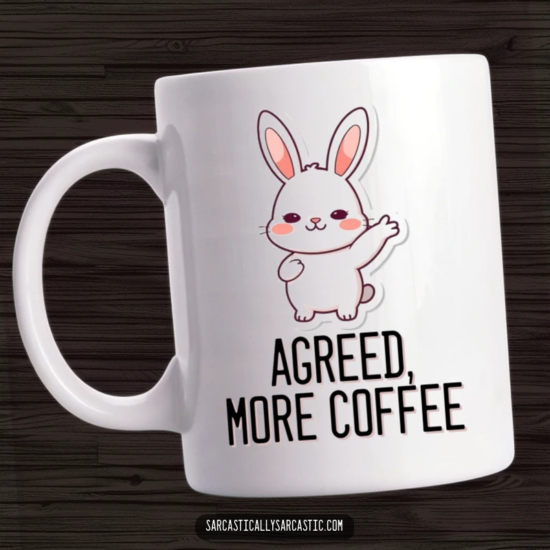 Funny Mug: Kawaii rabbit character giving a slow, deliberate nod, conveying thoughtful agreement and gentle affirmation, a great funny gift.