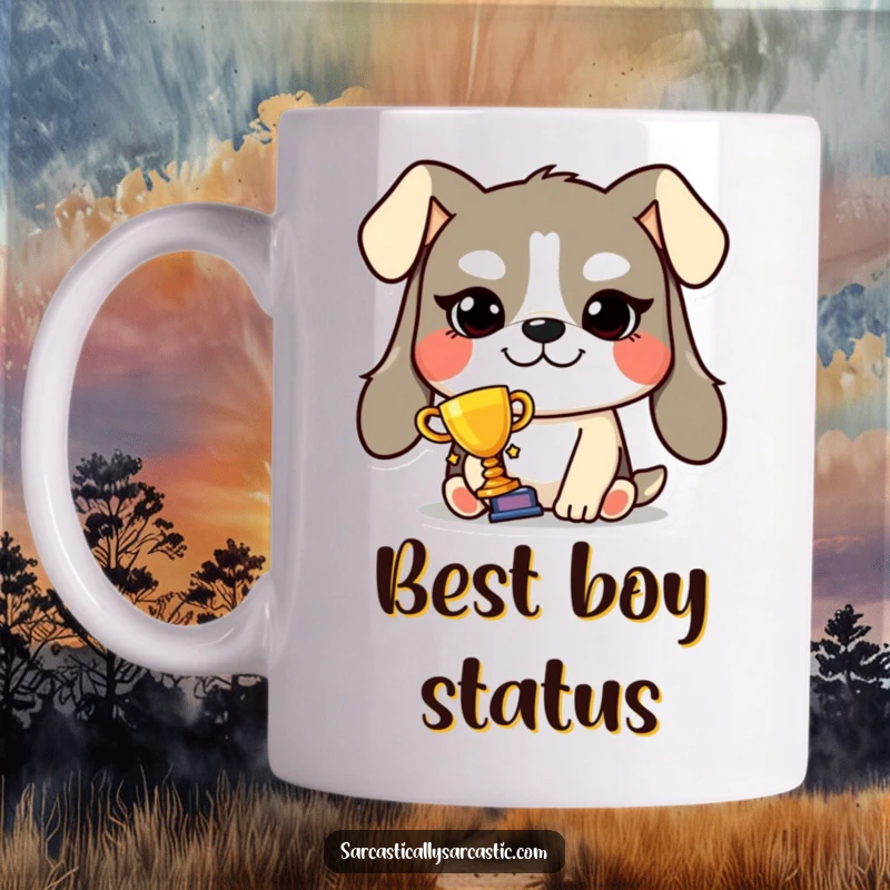 Funny smug dog mug featuring a happy dog with a proud grin holding a tiny trophy, celebrating victory with undeniable charm.