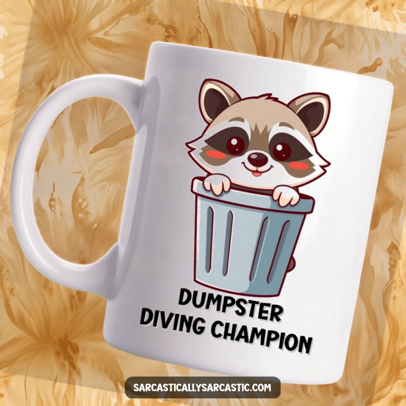 Funny raccoon mug showcasing a cheerful character peeking from behind a trash can with a mischievous smirk, embodying playful thievery.