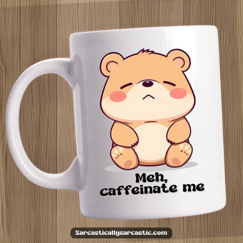 Funny bear mug showing a bear shrugging its shoulders with a faint, unimpressed smirk. Hilarious gift idea.