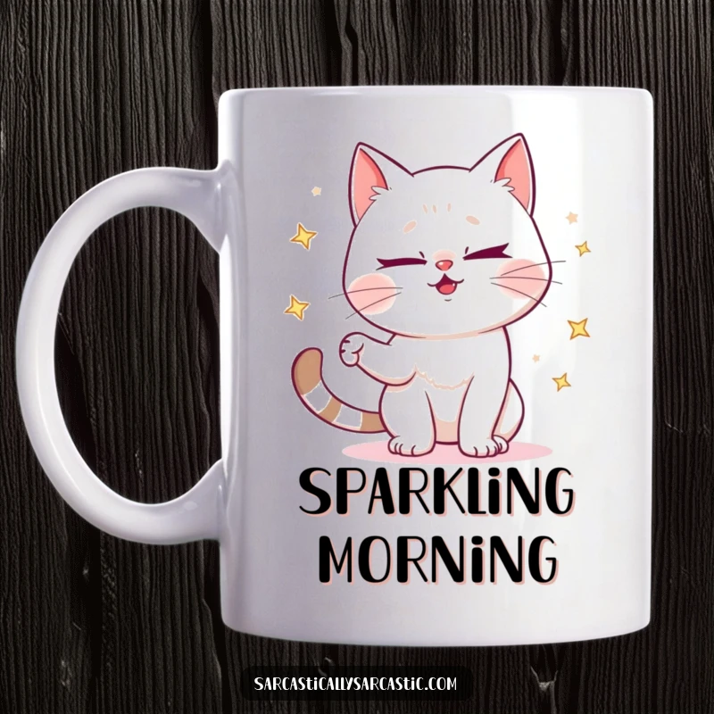 Funny mug featuring a mischievous cat winking while juggling small, sparkly objects, radiating playful energy.