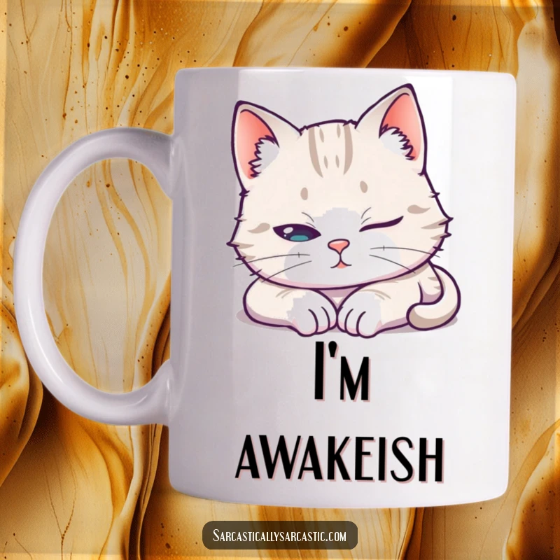 Funny Mug featuring a cat pretending to sleep with one eye open, symbolizing cunning alertness and humorous feline behavior.
