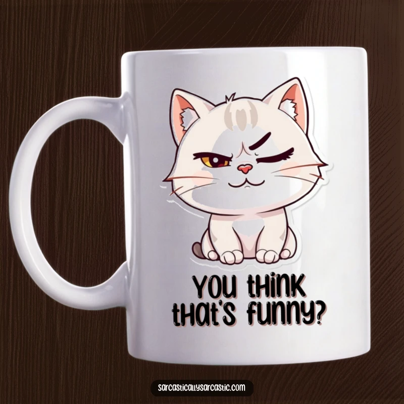 Funny cat character smirking confidently with one eyebrow raised on a coffee mug, exuding sass and charm.