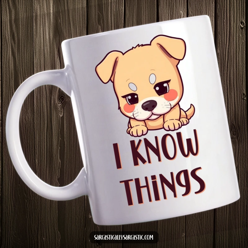 Funny dog mug featuring a dog with one raised eyebrow, looking judgmental and amused. A perfect gift for dog lovers.