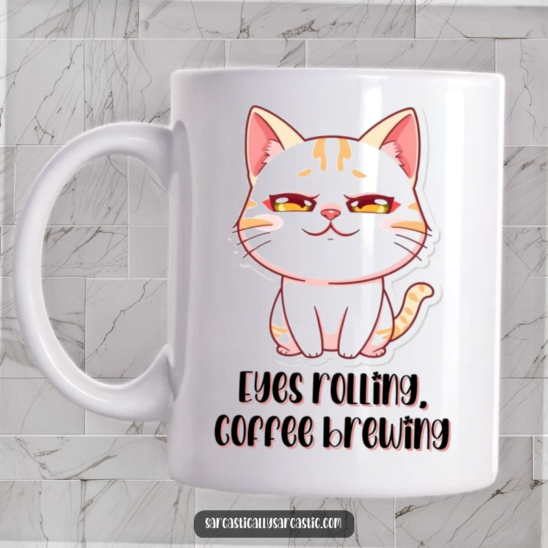 Funny Kawaii Cat Rolling Eyes Mug featuring a cute cat with a comically exaggerated eye-roll, perfect for expressing sassy moods.