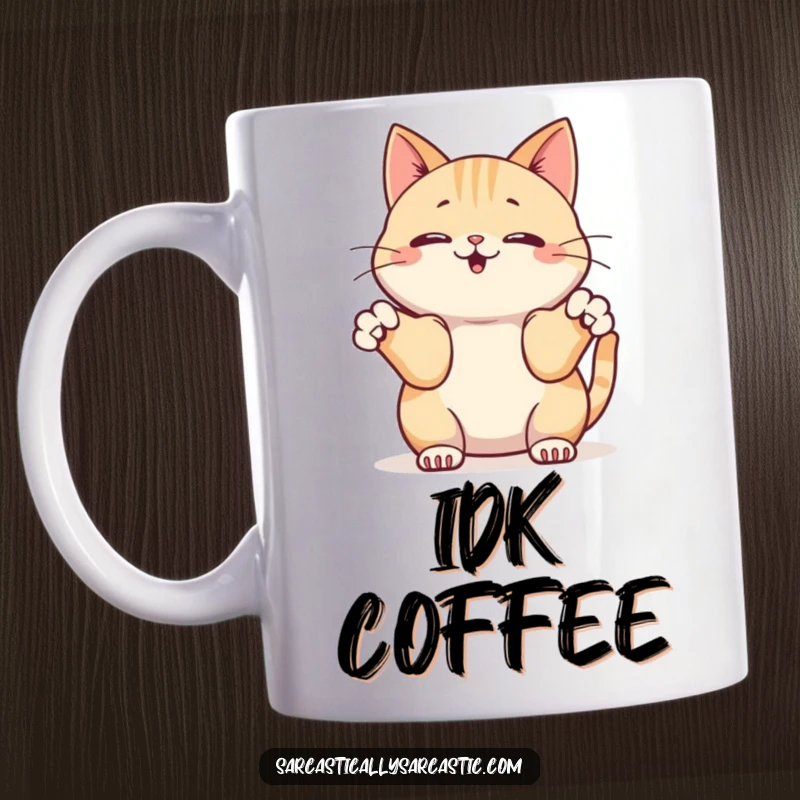 Funny mug showing a kawaii cat innocently shrugging with its front paws, conveying a charmingly indifferent attitude.