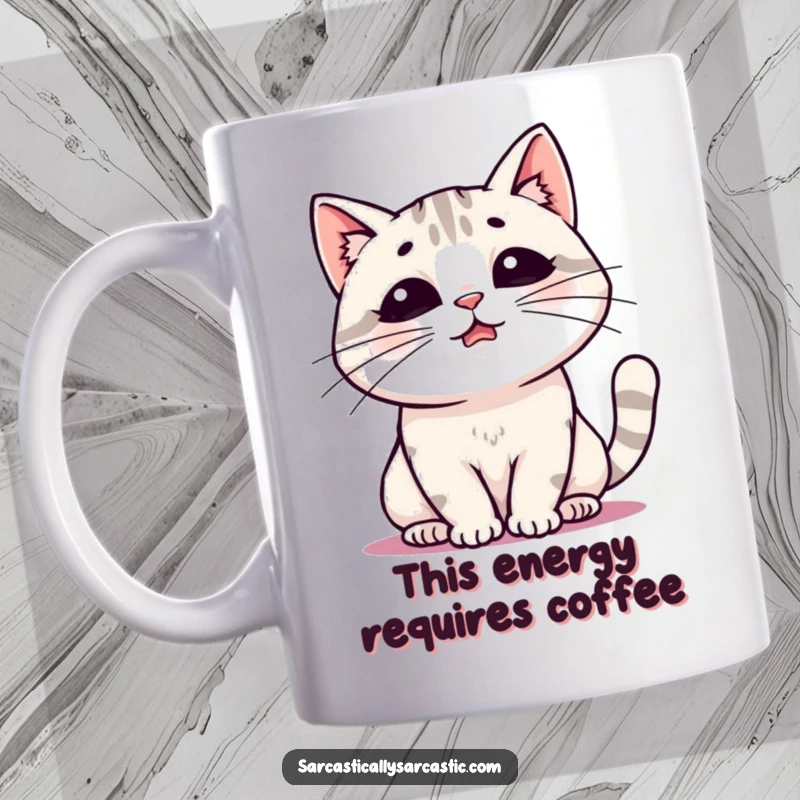 Funny mug featuring a kawaii cat exhaling a large, dramatic sigh, conveying a moment of overwhelming exhaustion and relatable humor.