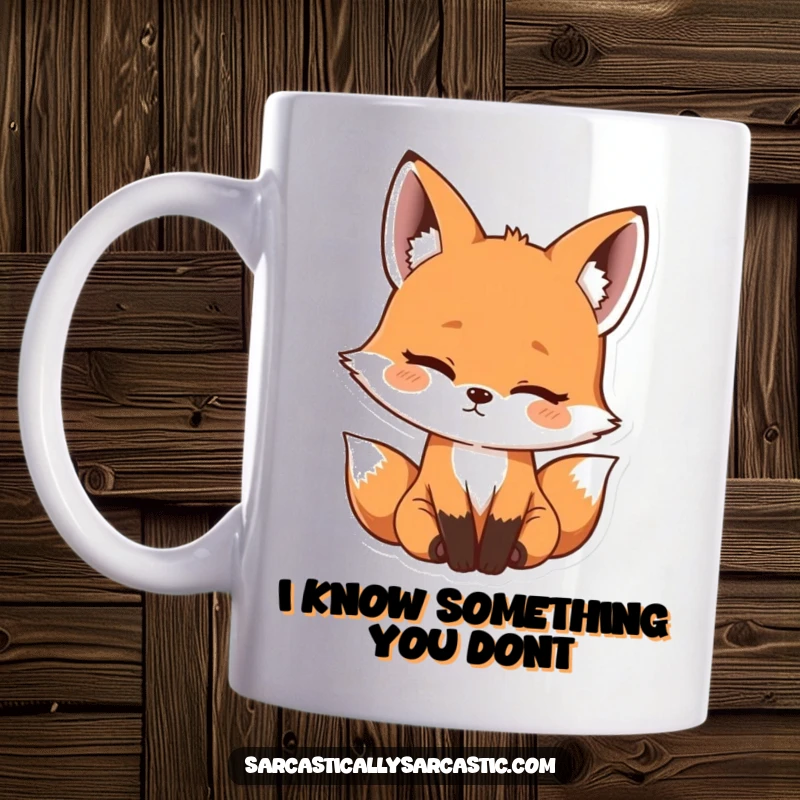Funny kawaii fox mug with an adorable head tilt, showing subtle amusement, perfect for a cute and funny gift.