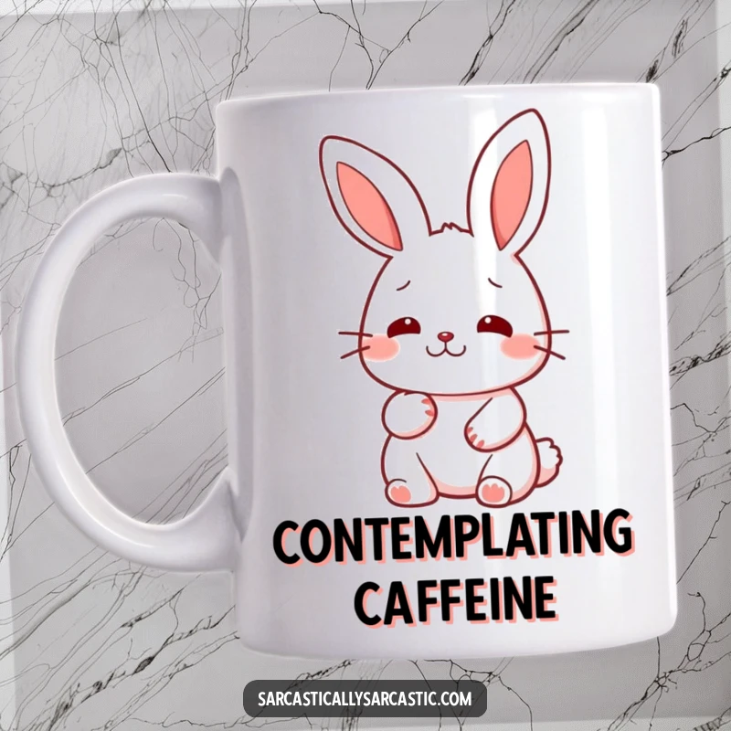 Funny kawaii rabbit character mug, giving a slow, deliberate nod of thoughtful approval.