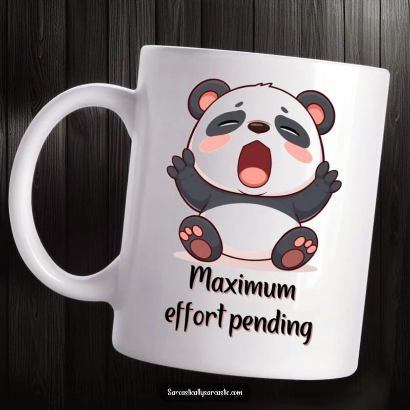 Funny panda yawning widely, feigning boredom on a coffee mug, conveying relatable everyday exhaustion and humor.