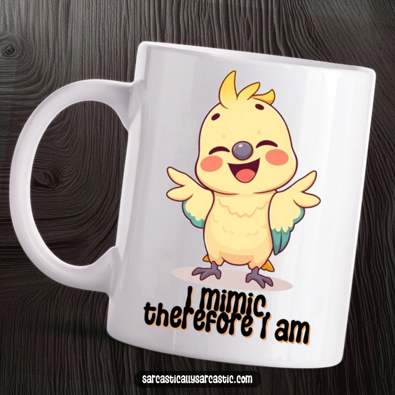 Funny parrot mug showing a happy bird making a hilarious, mimicking gesture, perfect for adding a touch of silliness to your day.