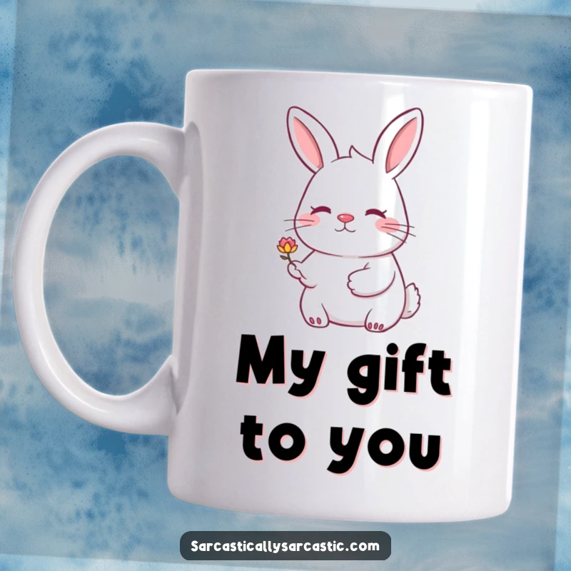 Funny rabbit mug with a knowing smile offering a drooping flower. A sweet and humorous gift for all ages.