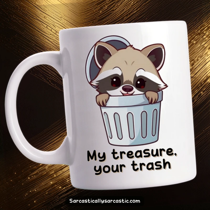 Funny mug featuring a cheerful raccoon peeking from behind a trash can with a mischievous smirk, embodying playful mischief and resourcefulness.