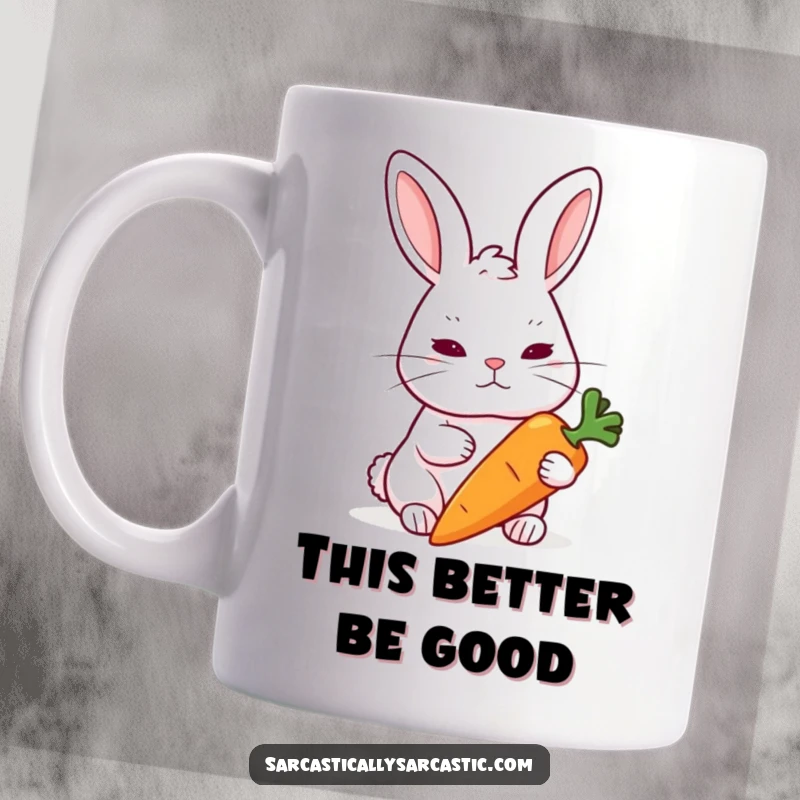 Funny Rabbit Mug: A skeptical rabbit raises one eyebrow at a carrot, questioning its freshness with humor.