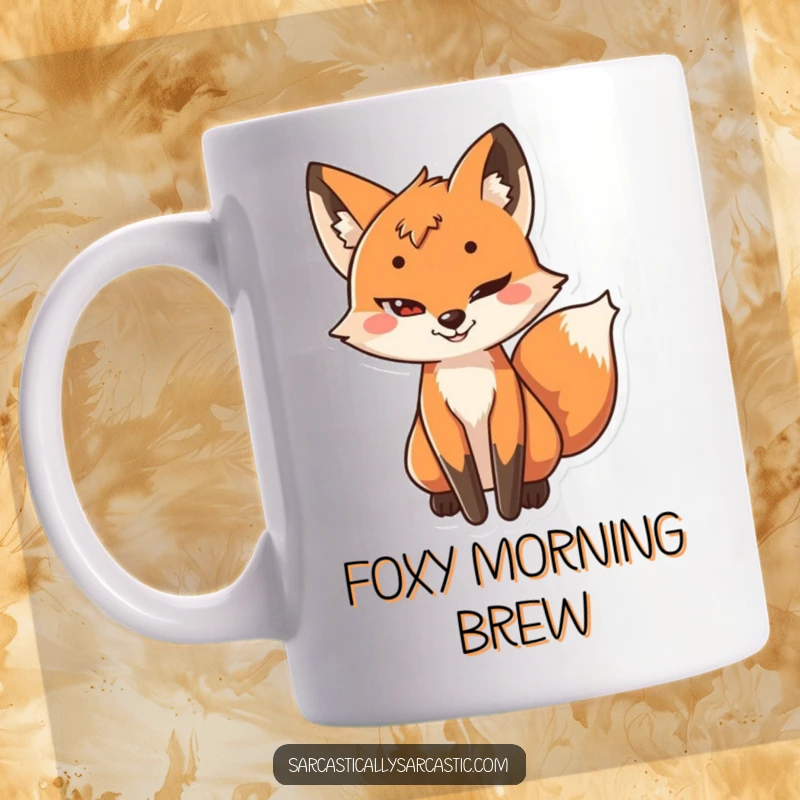 Funny mug featuring a playful fox with a sly grin and its tail subtly wagging, indicating cleverness.
