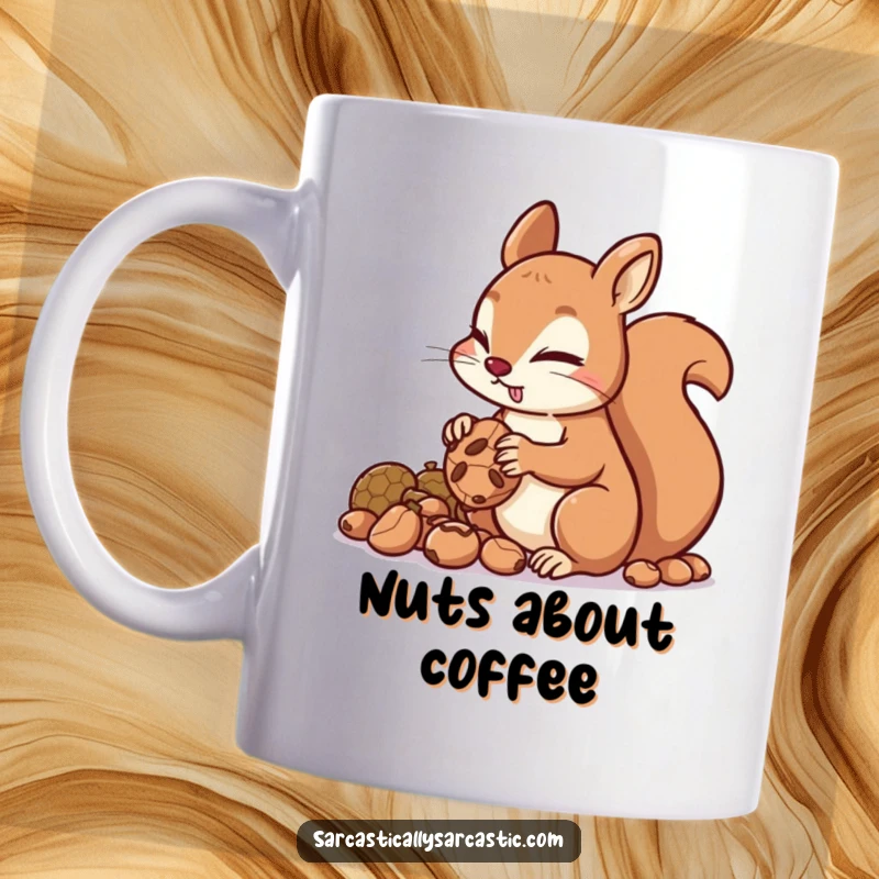 Funny squirrel mug showing a mischievous rodent with a clever glint hoarding a pile of nuts, perfect for a chuckle.