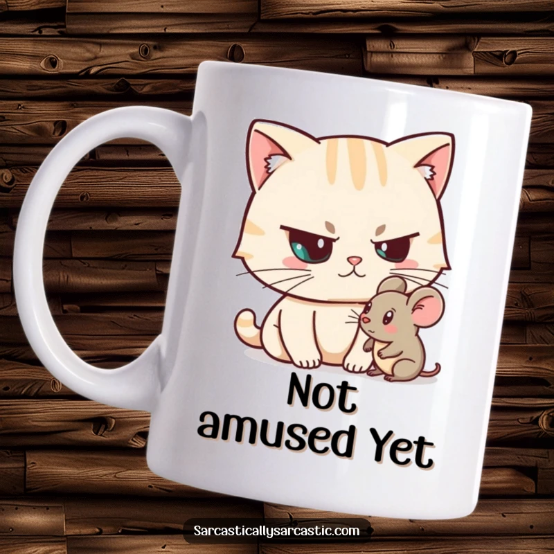 Funny Unimpressed Cat Mug featuring a cat character with a raised eyebrow looking unimpressed at a toy mouse, a witty funny gift.
