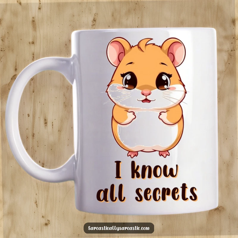 Funny hamster mug showcasing a cute character with a knowing smirk and bright, observant eyes, exuding playful mischief.