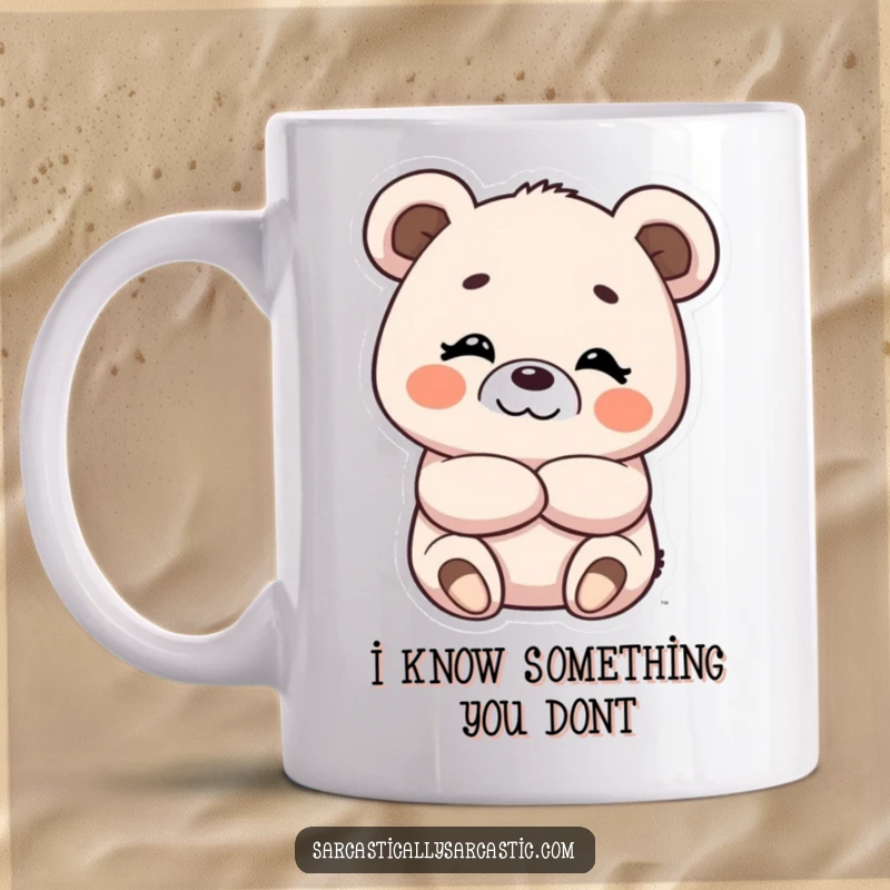 Funny kawaii bear mug with arms crossed and a subtle, amused smirk, radiating playful confidence.