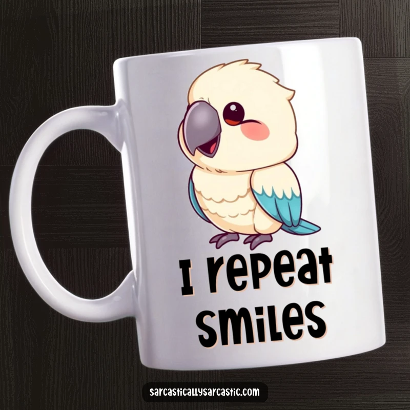 Funny mug showing a parrot mimicking a smirk with its beak slightly upturned, conveying playful sass and charm.