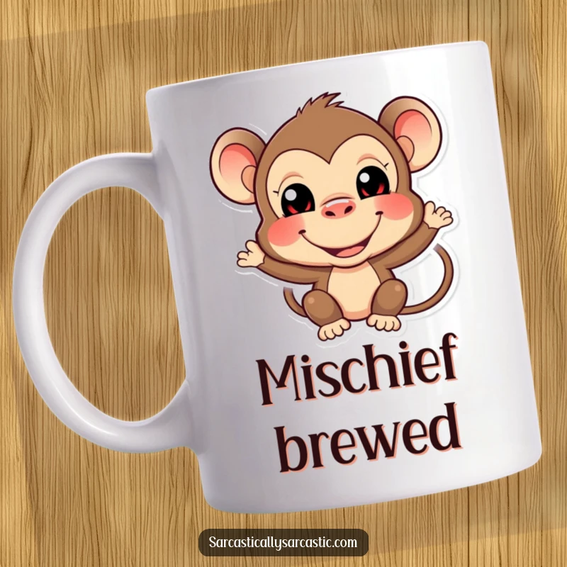 Funny monkey mug showcasing a mischievous primate pulling a comical, exaggerated funny face with a playful glint.