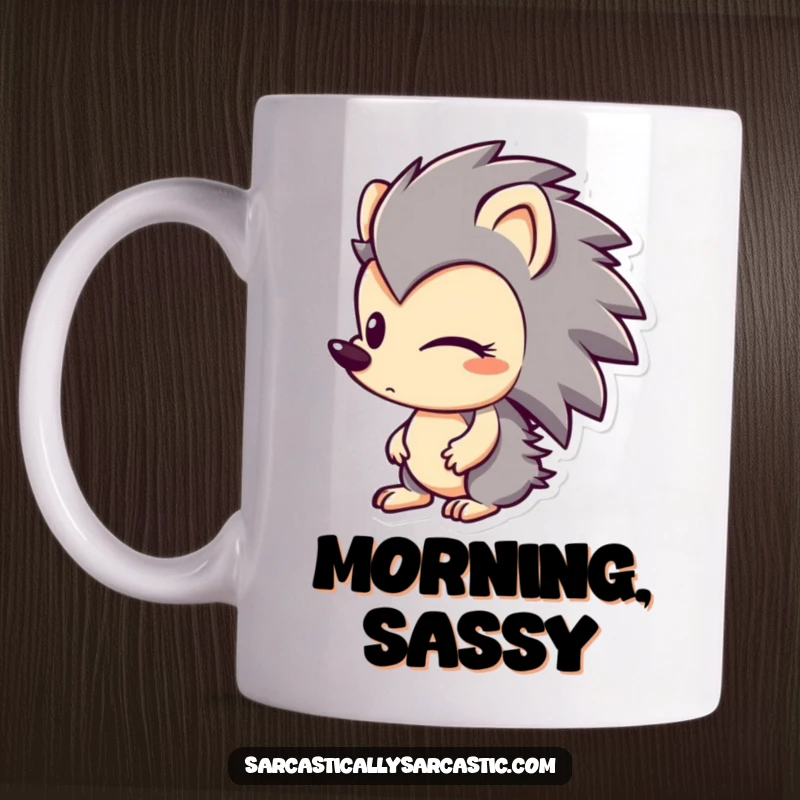 Funny mug showing a hedgehog character looking sideways with a distinguishable hint of a smirk, conveying playful slyness.