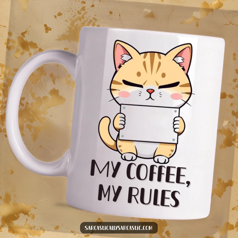 Funny coffee mug featuring a judgmental cat with narrowed eyes and a smirk, holding a small sign with a witty message.