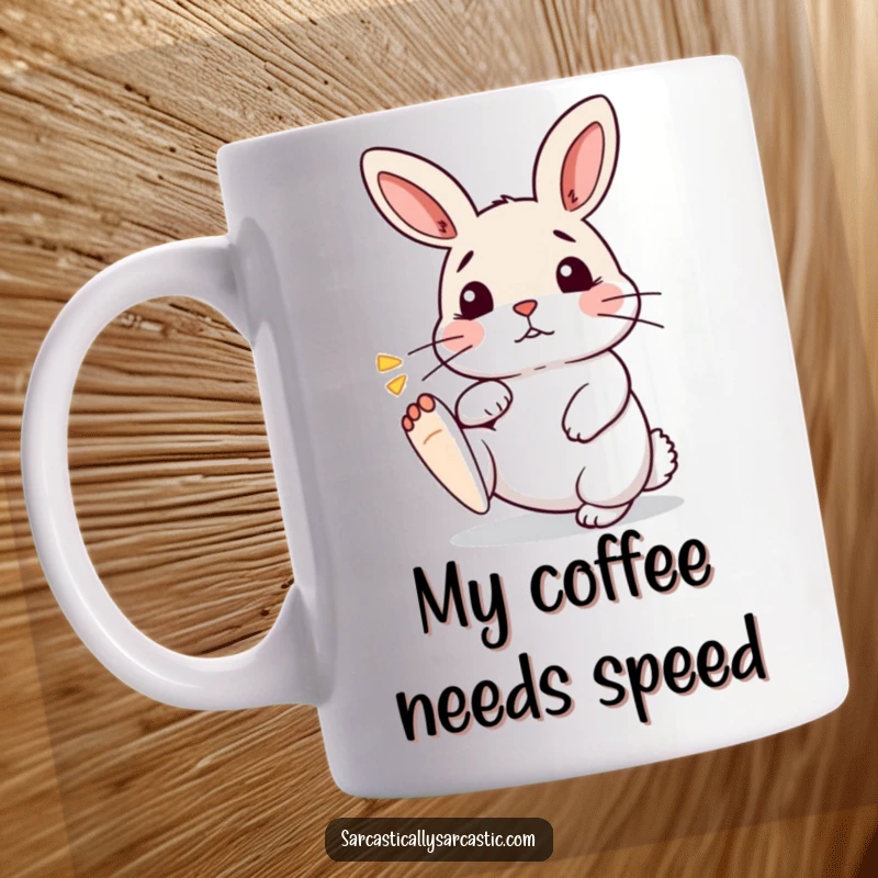 Funny Kawaii Rabbit Mug: A cute bunny taps its foot impatiently, sighing with a funny, exasperated expression, ideal for gifting.
