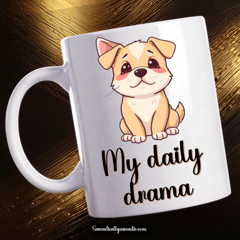 Funny Mug featuring a dog dramatically sighing while looking away, symbolizing relatable exasperation and humorous canine angst.