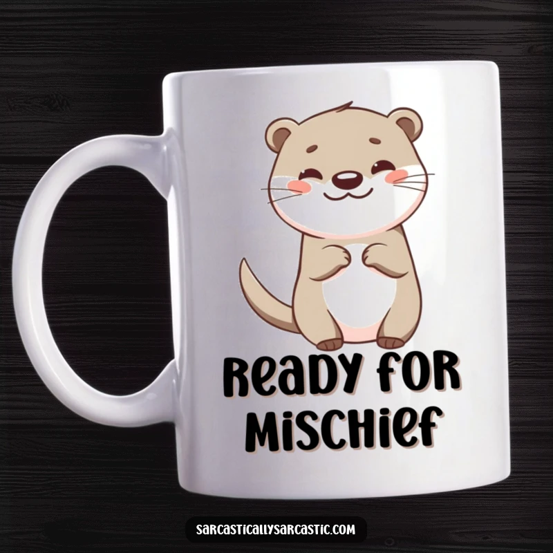 Funny otter mug showcasing a happy character with a teasing tail flick and a playful smirk, exuding joy.