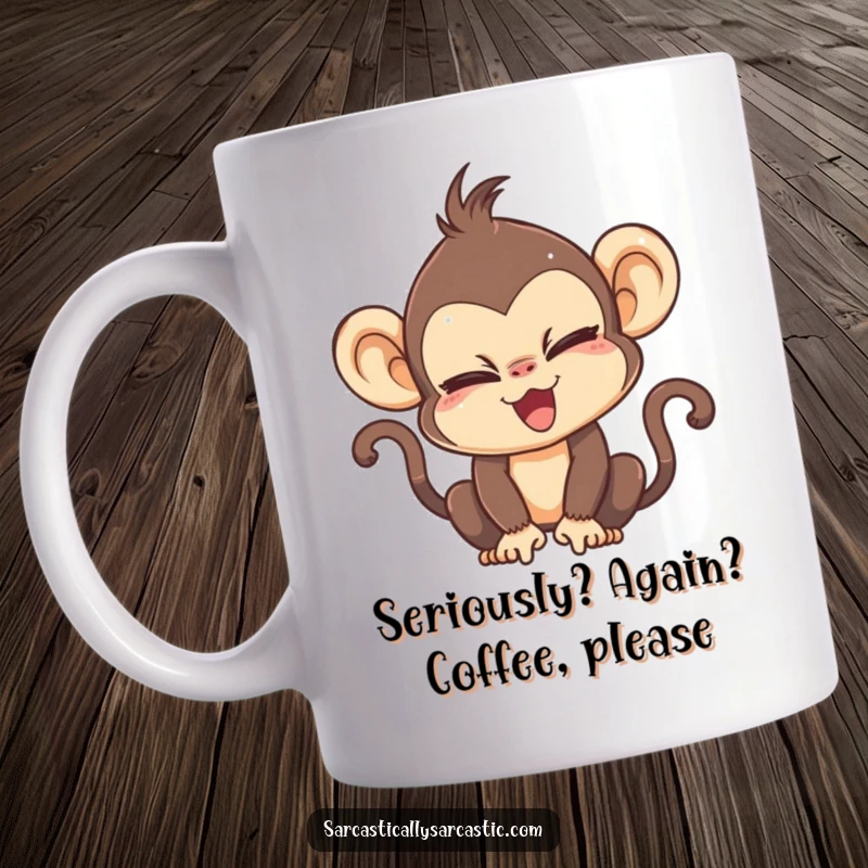 Funny kawaii monkey mug dramatically rolling its eyes, perfect for expressing disbelief or annoyance humorously.