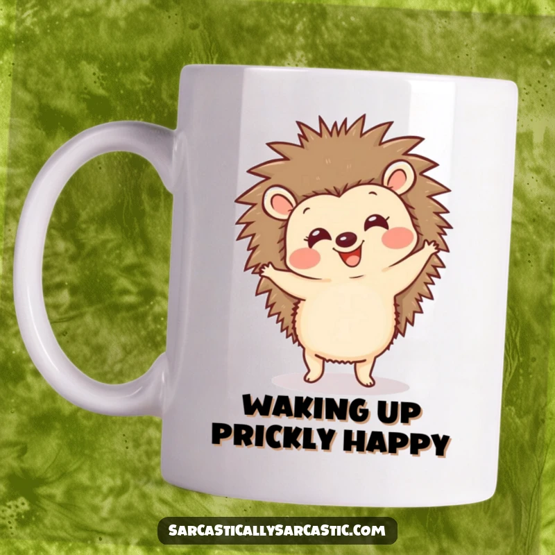 Funny hedgehog mug showing a happy, spiky creature doing a joyful, little dance, perfect for spreading cheer.