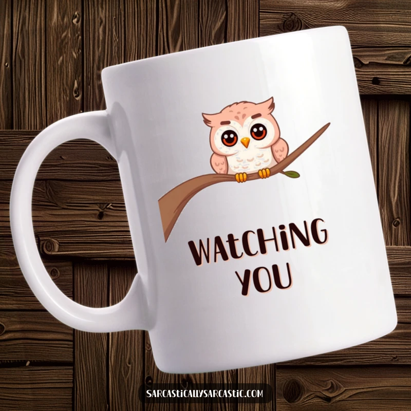 Funny owl mug featuring an owl with big, curious eyes peering from behind a leafy branch, looking inquisitive.