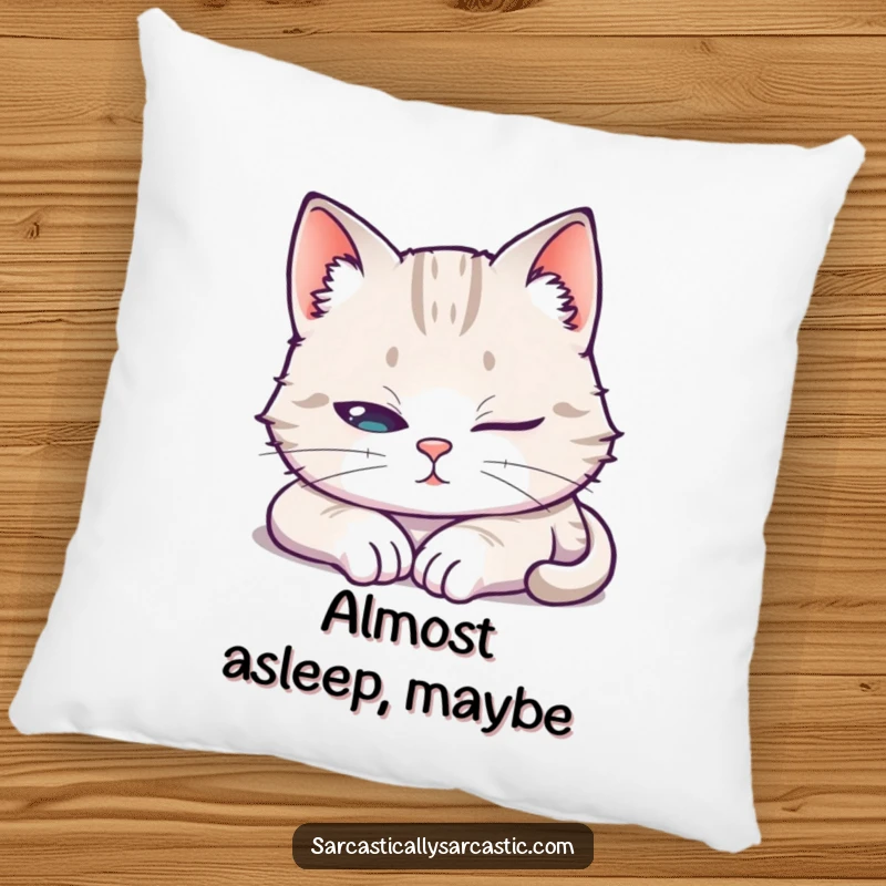 Funny Pillow featuring a cat pretending to sleep with one eye open, offering soft comfort and humorous feline charm.
