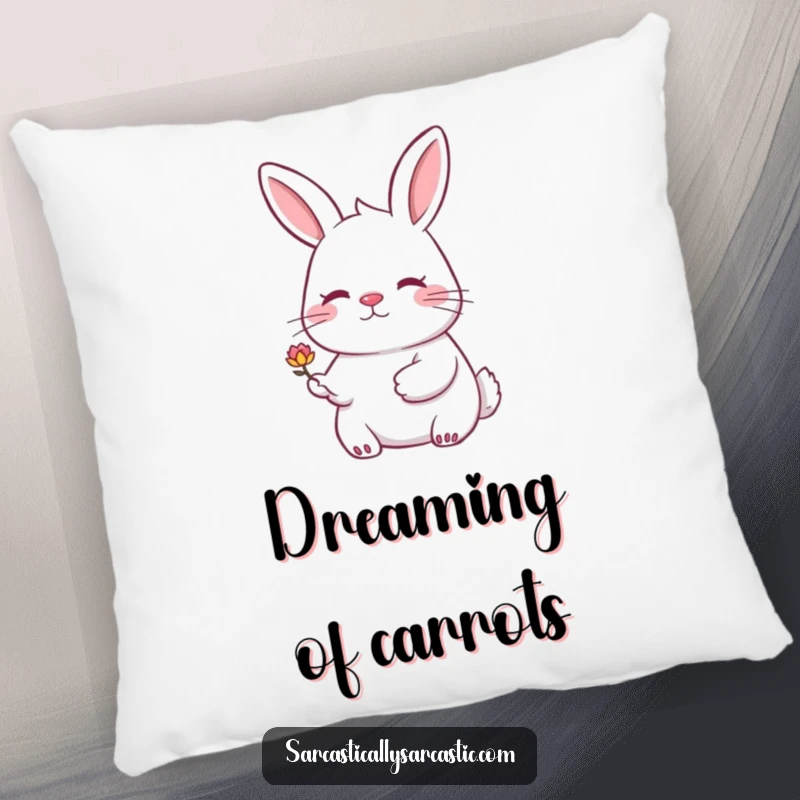 Funny rabbit pillow with a rabbit smiling knowingly while offering a drooping flower. Soft and decorative.